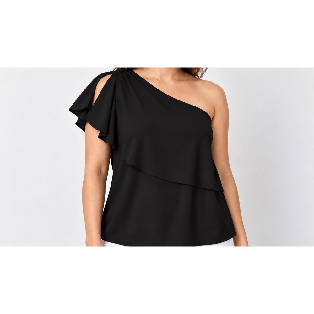 Tyche Women's Black Solid One-Shoulder Ruffle Pullover Blouse M